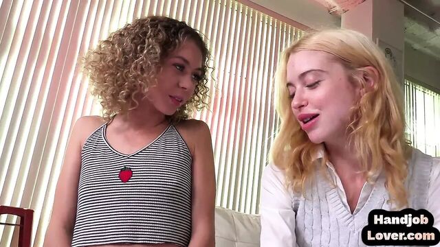 Skinny HJ teen wanks cock and talks dirty in POV 3some