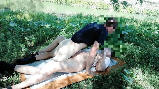 Sexy bitch doused with sperm on the river bank