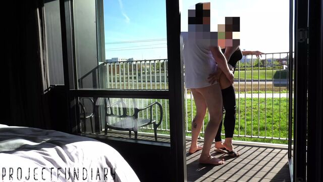 Risky public balcony sex with people watching - projectsexdiary