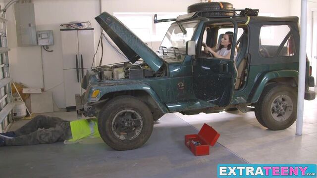 Cute petite brunette babe crams her face with a hard dong