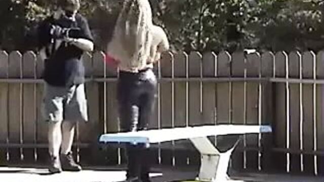 Throwback huge fake tits at the pool side