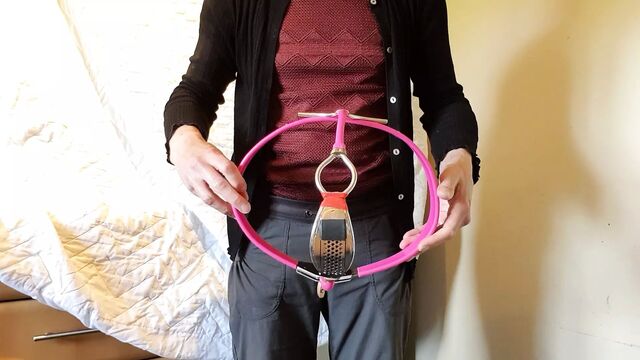 Tranny Guy in Pink Chastity Belt